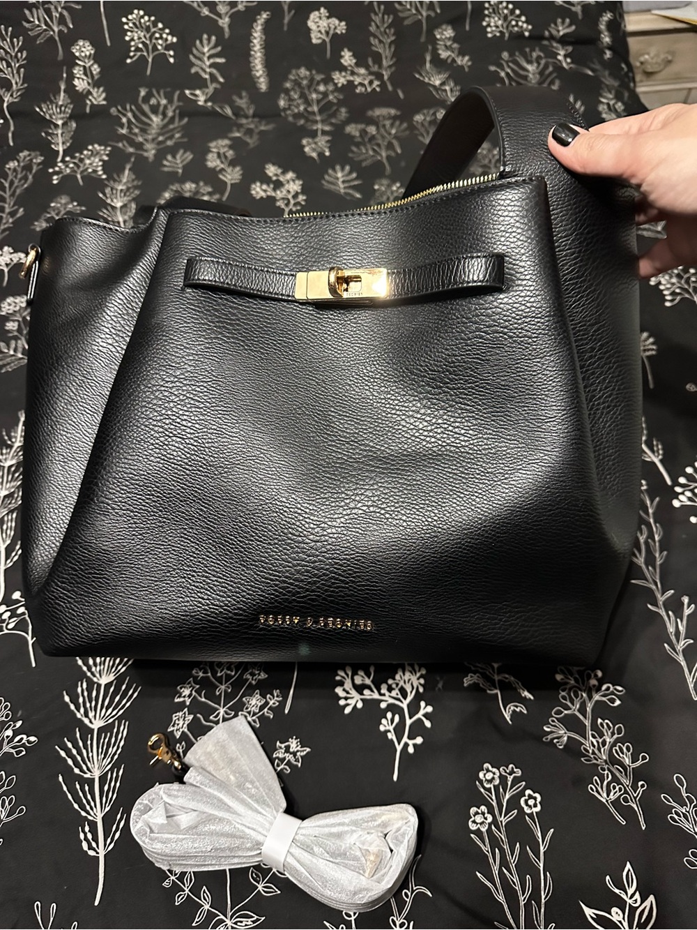 Poppy & Peonies Black Pebbled Leather Shoulder Bag with Gold Hardware